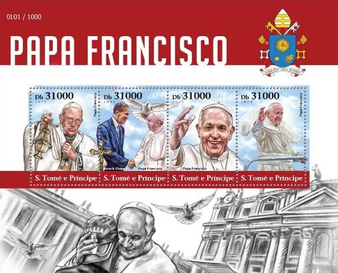 Pope Francis on a St. Thomas & Prince sheet, Scott 2974 